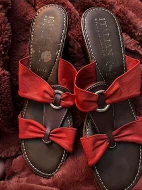 Italian Shoemakers Red Bow Slide Sandals with Ring Detail
